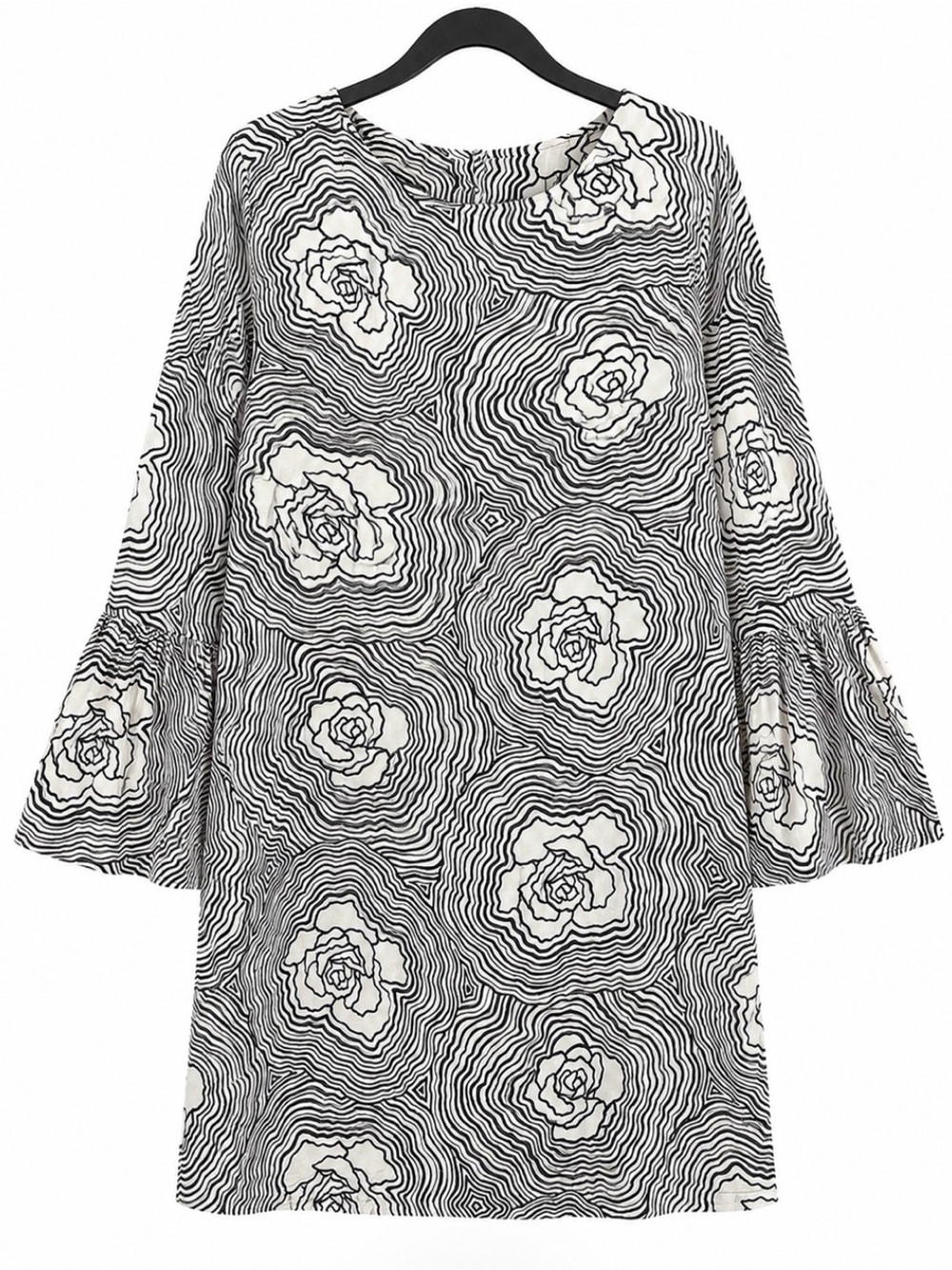 H&M+ Black & White Rose Print Bell-Sleeve Dress Size 14